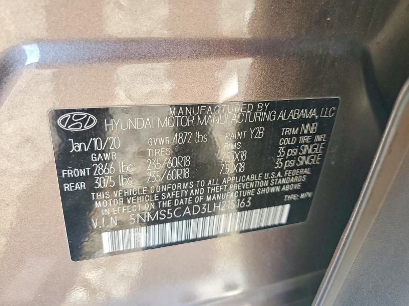 Aukcja sprzedaży 2020 Hyundai Santa Fe, vin: 5NMS5CAD3LH215163, numer aukcji: 68599346