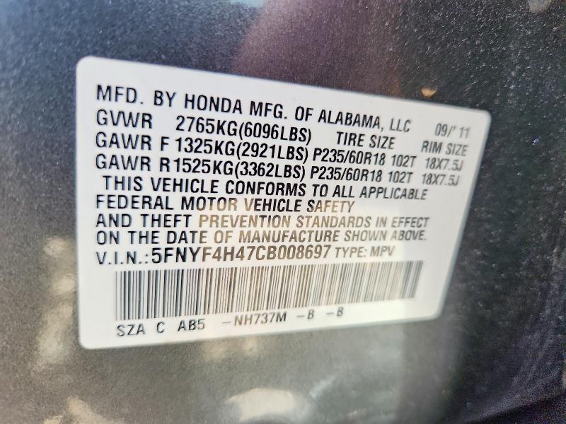 70256486 :رقم المزاد ، 5FNYF4H47CB008697 vin ، 2012 Honda Pilot مزاد بيع