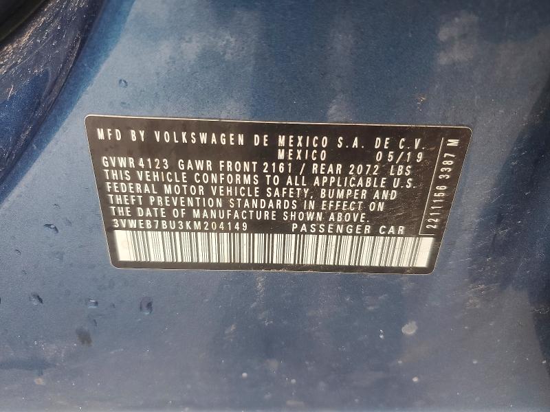 2019 Volkswagen Jetta მანქანა იყიდება აუქციონზე, vin: 3VWEB7BU3KM204149, აუქციონის ნომერი: 68551376