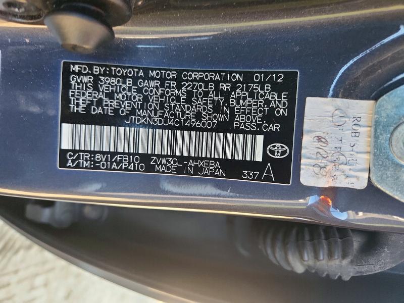 66849586 :رقم المزاد ، JTDKN3DU4C1496007 vin ، 2012 Toyota Prius مزاد بيع