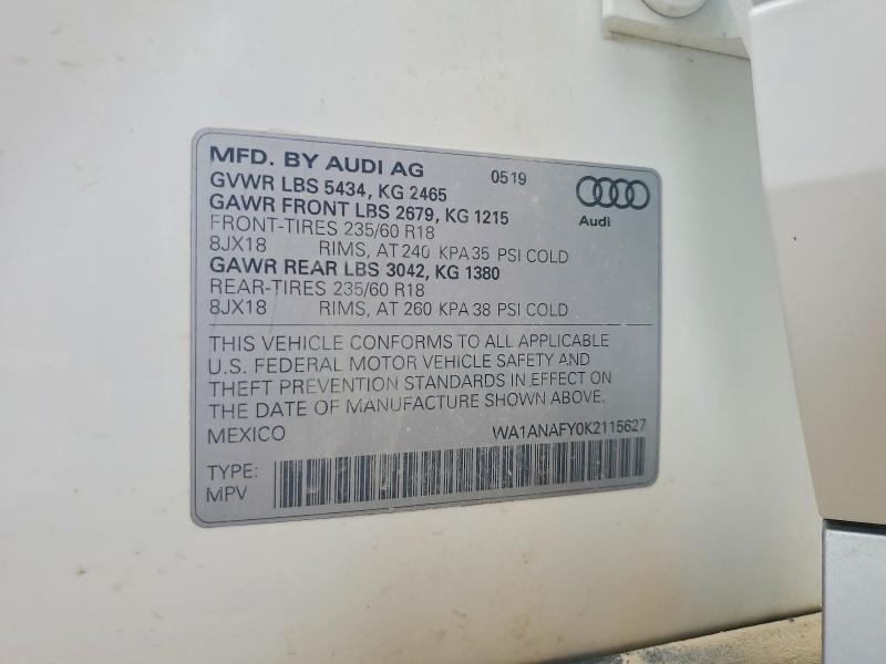 2019 Audi Q5 მანქანა იყიდება აუქციონზე, vin: WA1ANAFY0K2115627, აუქციონის ნომერი: 68752986