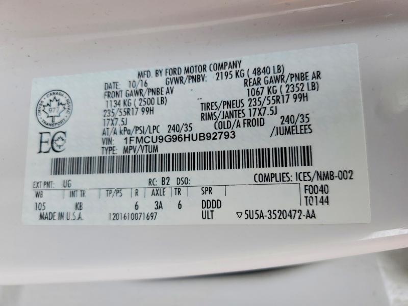 67869096 :رقم المزاد ، 1FMCU9G96HUB92793 vin ، 2017 Ford Escape مزاد بيع