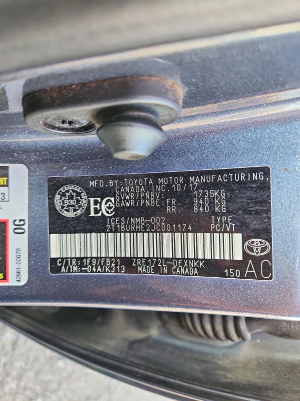 Aukcja sprzedaży 2018 Toyota Corolla, vin: 2T1BURHE2JC001174, numer aukcji: 68645976
