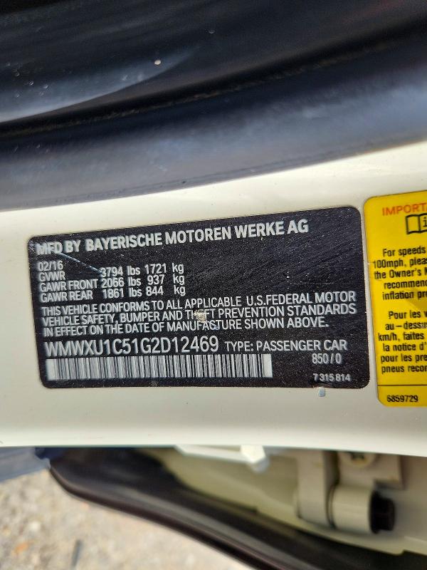 Продаж на аукціоні авто 2016 Mini Cooper, vin: WMWXU1C51G2D12469, номер лоту: 66848456