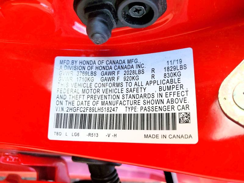 Продаж на аукціоні авто 2020 Honda Civic, vin: 2HGFC2F89LH518247, номер лоту: 68111466