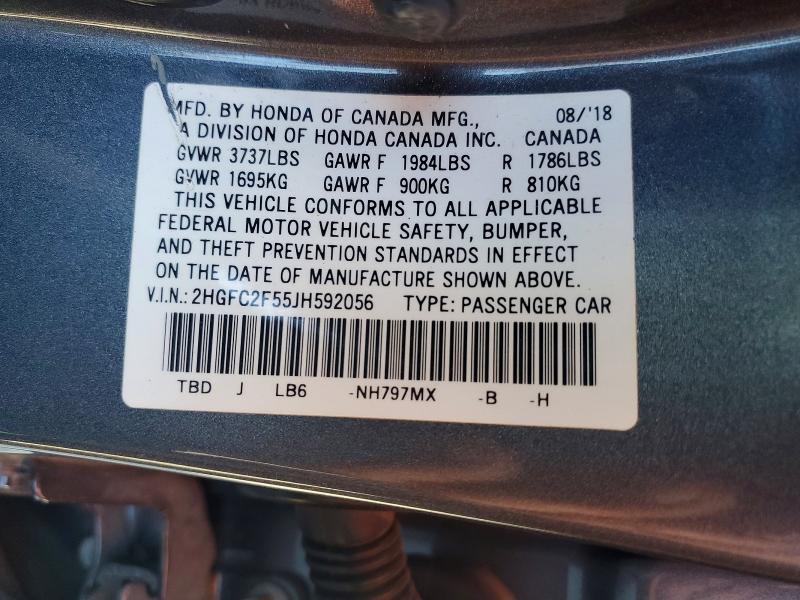 2018 Honda Civic მანქანა იყიდება აუქციონზე, vin: 2HGFC2F55JH592056, აუქციონის ნომერი: 69814066