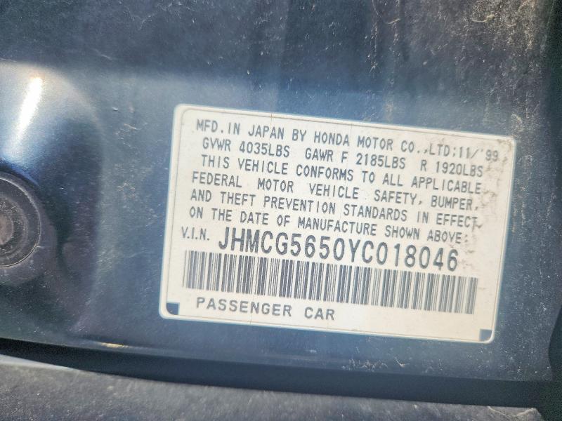 Aukcja sprzedaży 2000 Honda Accord, vin: JHMCG5650YC018046, numer aukcji: 69024976