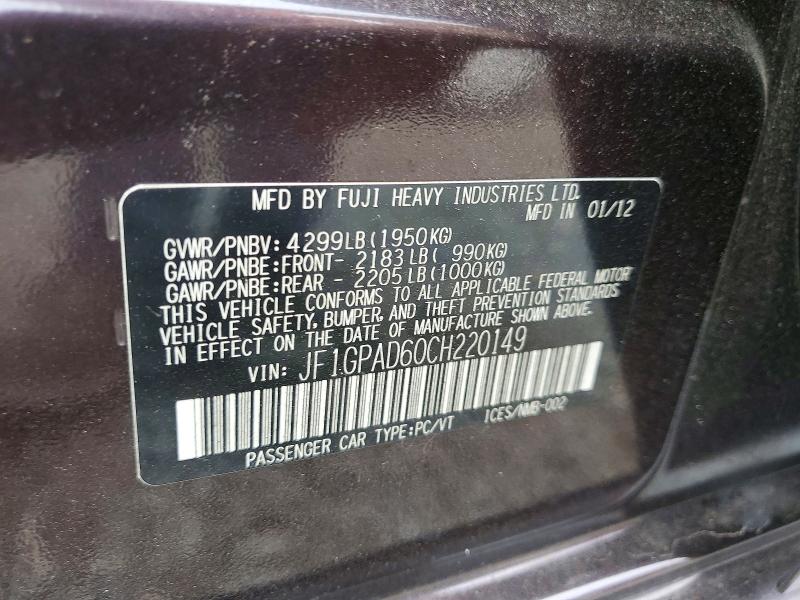 Aukcja sprzedaży 2012 Subaru Impreza, vin: JF1GPAD60CH220149, numer aukcji: 67140956