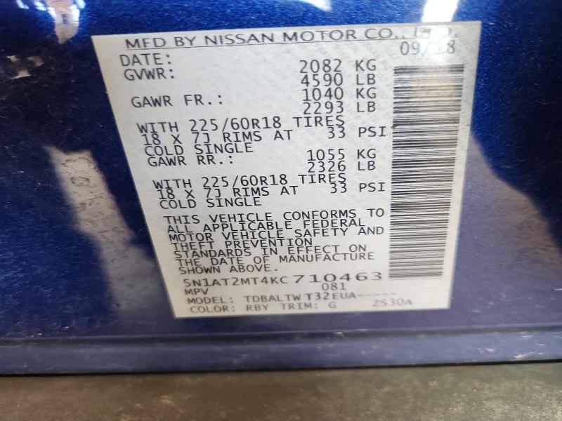 2019 Nissan Rogue მანქანა იყიდება აუქციონზე, vin: 5N1AT2MT4KC710463, აუქციონის ნომერი: 66950586