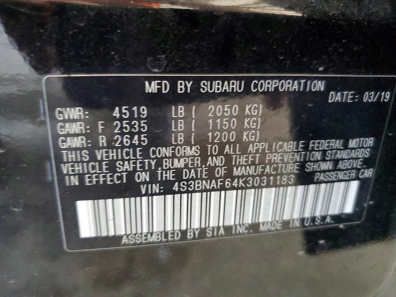 Aukcja sprzedaży 2019 Subaru Legacy, vin: 4S3BNAF64K3031183, numer aukcji: 67265826