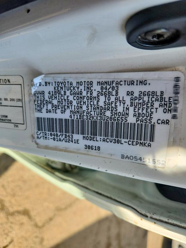 Aukcja sprzedaży 2003 Toyota Camry, vin: 4T1BE32KX3U206655, numer aukcji: 68003256