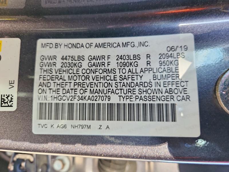 Продаж на аукціоні авто 2019 Honda Accord, vin: 1HGCV2F34KA027079, номер лоту: 69307916