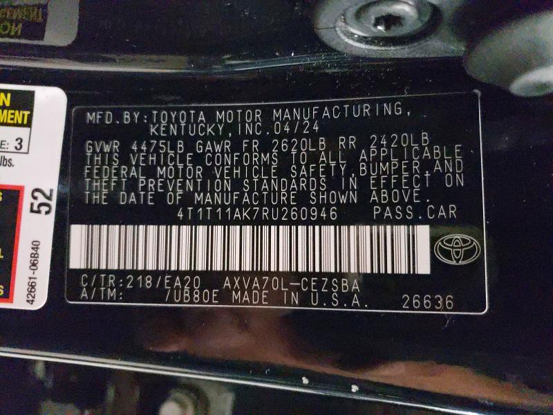 69261766 :رقم المزاد ، 4T1T11AK7RU260946 vin ، 2024 Toyota Camry مزاد بيع