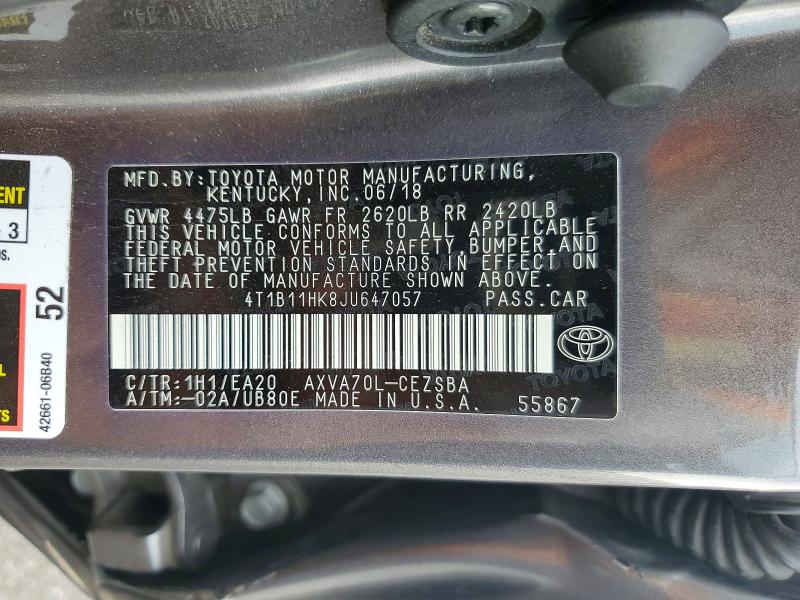 Продажа на аукционе авто 2018 Toyota Camry, vin: 4T1B11HK8JU647057, номер лота: 68213126