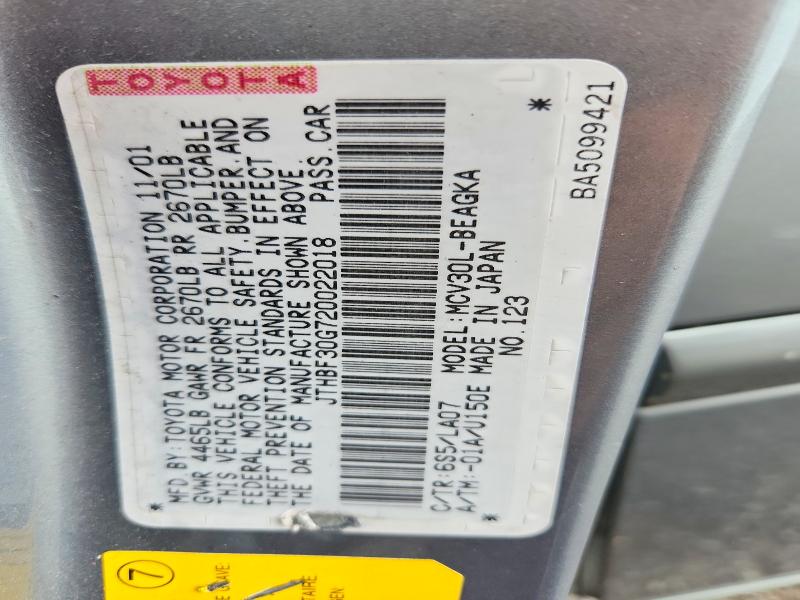 Aukcja sprzedaży 2002 Lexus Es, vin: JTHBF30G720022018, numer aukcji: 68980036