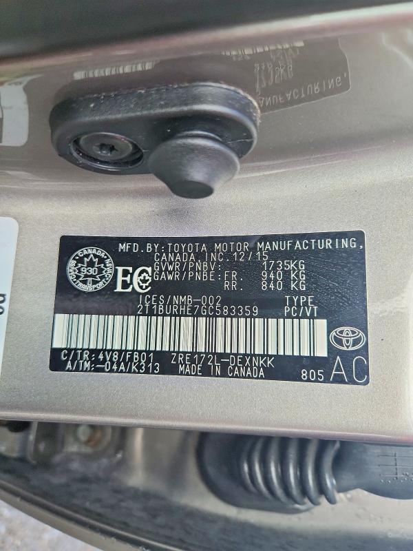 Aukcja sprzedaży 2016 Toyota Corolla, vin: 2T1BURHE7GC583359, numer aukcji: 67107936