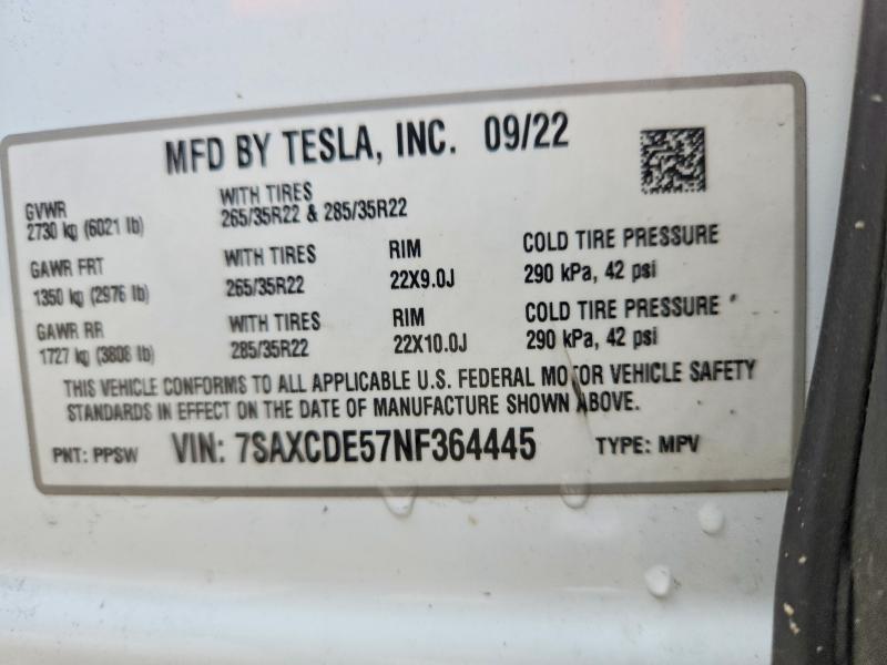 67982056 :رقم المزاد ، 7SAXCDE57NF364445 vin ، 2022 Tesla Model X مزاد بيع