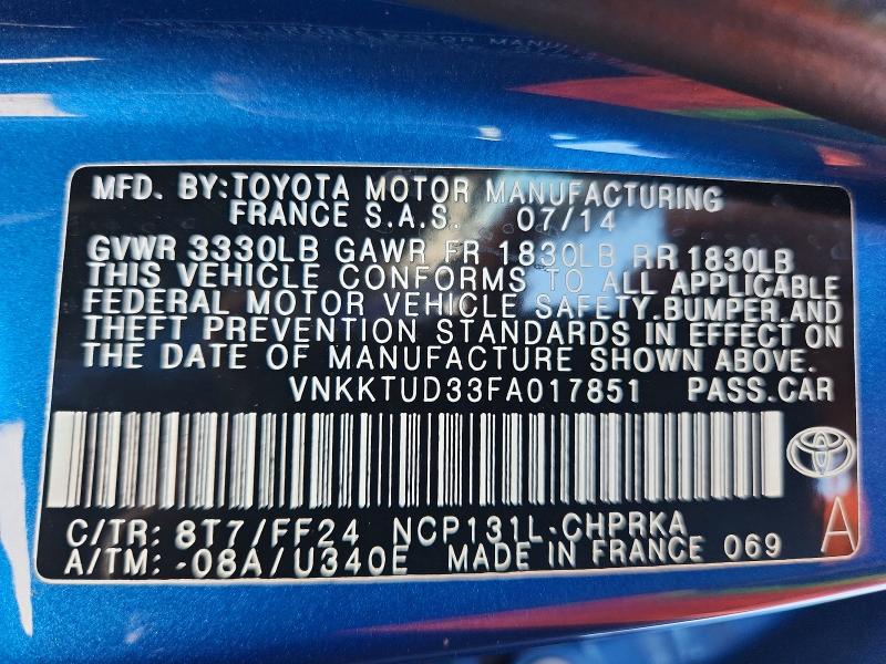 2015 Toyota Yaris მანქანა იყიდება აუქციონზე, vin: VNKKTUD33FA017851, აუქციონის ნომერი: 67463906