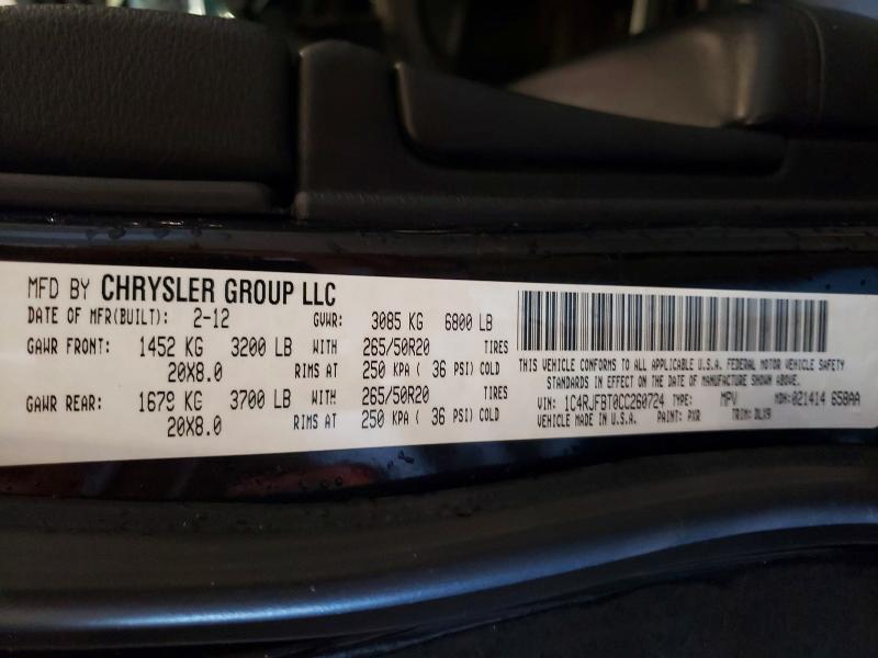 68876546 :رقم المزاد ، 1C4RJFBT0CC260724 vin ، 2012 Jeep Grand Cherokee مزاد بيع