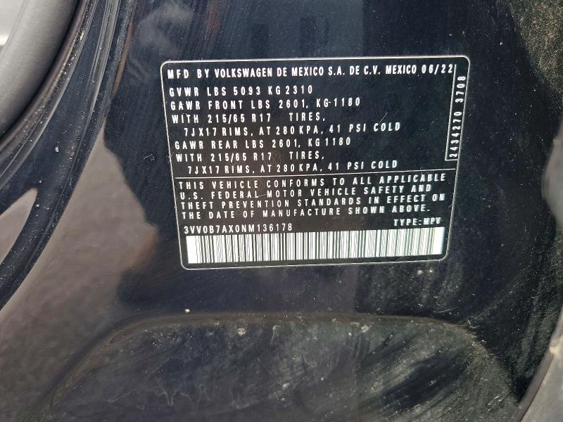 Aukcja sprzedaży 2022 Volkswagen Tiguan, vin: 3VV0B7AX0NM136178, numer aukcji: 70525476