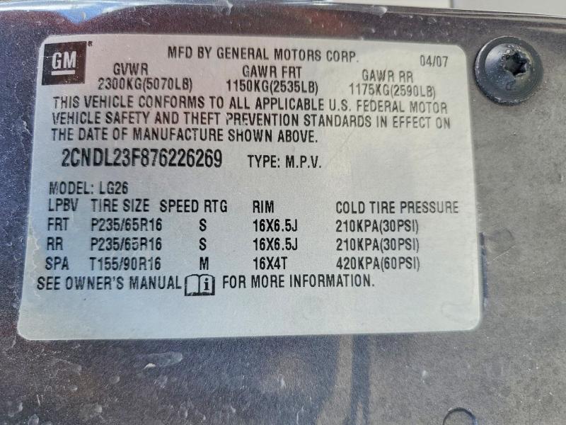 2007 Chevrolet Equinox მანქანა იყიდება აუქციონზე, vin: 2CNDL23F876226269, აუქციონის ნომერი: 67043356