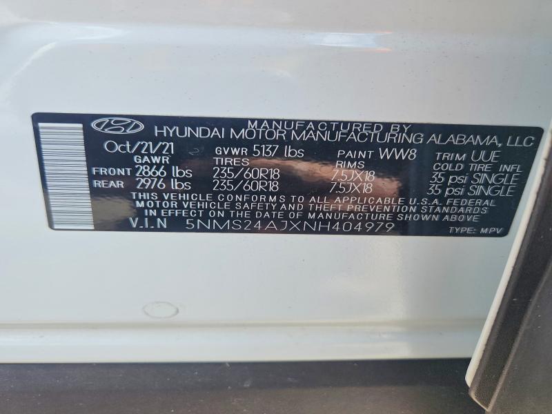 2022 Hyundai Santa Fe მანქანა იყიდება აუქციონზე, vin: 5NMS24AJXNH404979, აუქციონის ნომერი: 70543046
