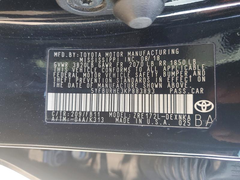 2019 Toyota Corolla მანქანა იყიდება აუქციონზე, vin: 5YFBURHE3KP883893, აუქციონის ნომერი: 68872156