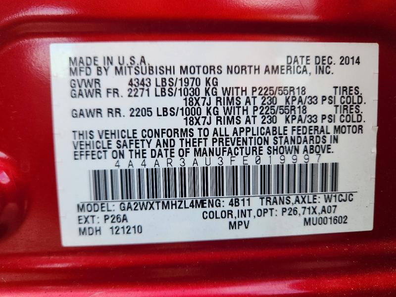 Продажа на аукционе авто 2015 Mitsubishi Outlander Sport, vin: 4A4AR3AU3FE019997, номер лота: 67445516
