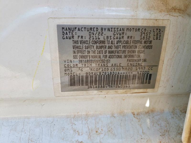 2022 Nissan Sentra მანქანა იყიდება აუქციონზე, vin: 3N1AB8BV9NY260161, აუქციონის ნომერი: 68753246