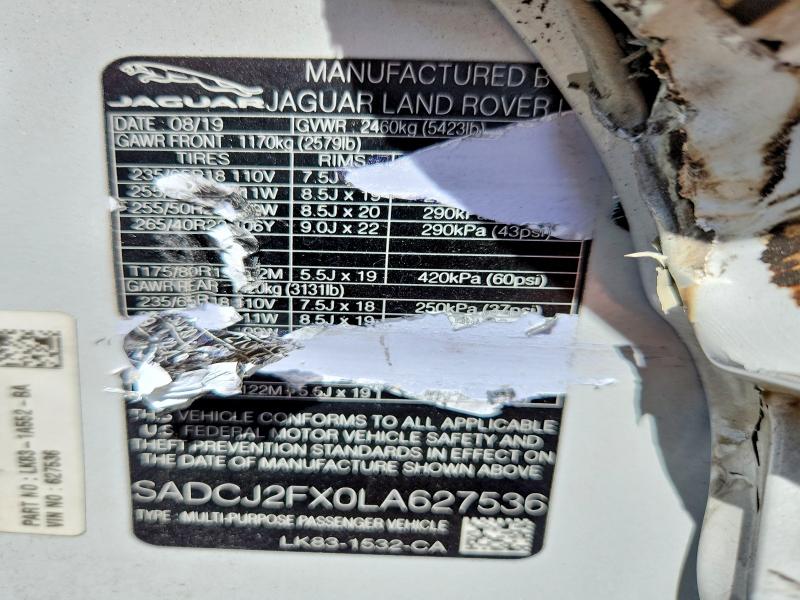 2020 Jaguar F-pace მანქანა იყიდება აუქციონზე, vin: SADCJ2FX0LA627536, აუქციონის ნომერი: 70101216