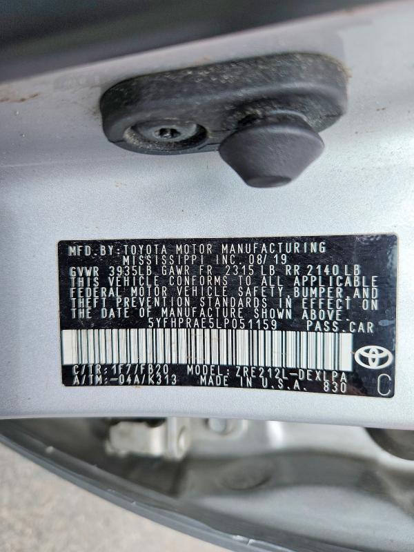 2020 Toyota Corolla მანქანა იყიდება აუქციონზე, vin: 5YFHPRAE5LP051159, აუქციონის ნომერი: 67237926