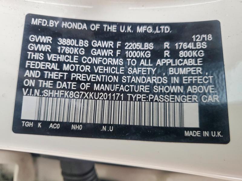 Продаж на аукціоні авто 2019 Honda Civic, vin: SHHFK8G7XKU201171, номер лоту: 69497766