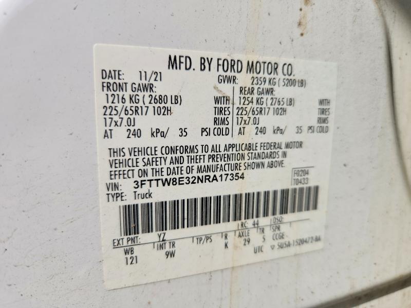 2022 Ford Maverick მანქანა იყიდება აუქციონზე, vin: 3FTTW8E32NRA17354, აუქციონის ნომერი: 69602966