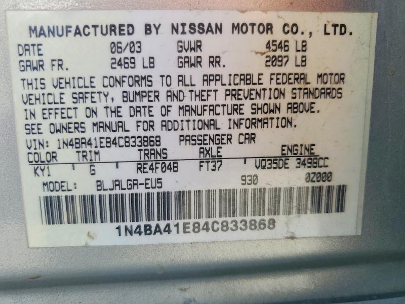 Aukcja sprzedaży 2004 Nissan Maxima, vin: 1N4BA41E84C833868, numer aukcji: 68012326