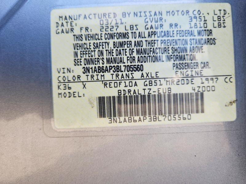 2011 Nissan Sentra მანქანა იყიდება აუქციონზე, vin: 3N1AB6AP3BL705560, აუქციონის ნომერი: 66730506