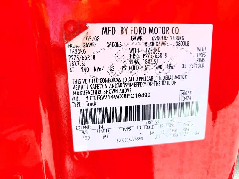 70060136 :رقم المزاد ، 1FTRW14WX8FC19499 vin ، 2008 Ford F150 مزاد بيع