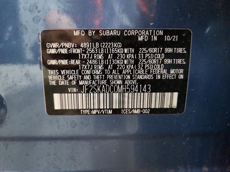 2021 Subaru Forester მანქანა იყიდება აუქციონზე, vin: JF2SKADC0MH594143, აუქციონის ნომერი: 67977256