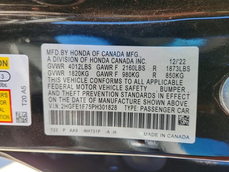 66972476 :رقم المزاد ، 2HGFE1F75PH301828 vin ، 2023 Honda Civic مزاد بيع