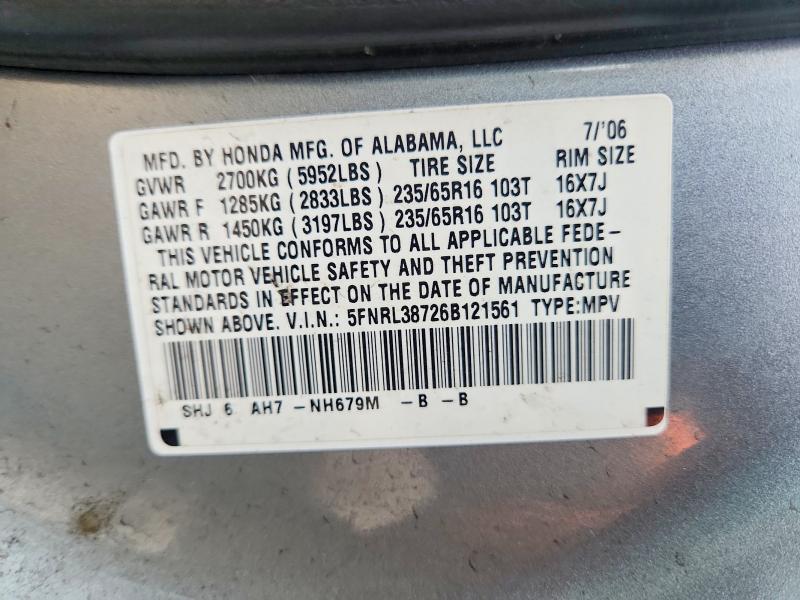 Продаж на аукціоні авто 2006 Honda Odyssey, vin: 5FNRL38726B121561, номер лоту: 66917006