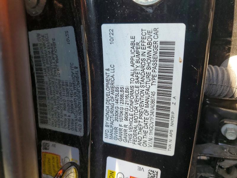 2022 Honda Accord მანქანა იყიდება აუქციონზე, vin: 1HGCV1F34NA086745, აუქციონის ნომერი: 67423956
