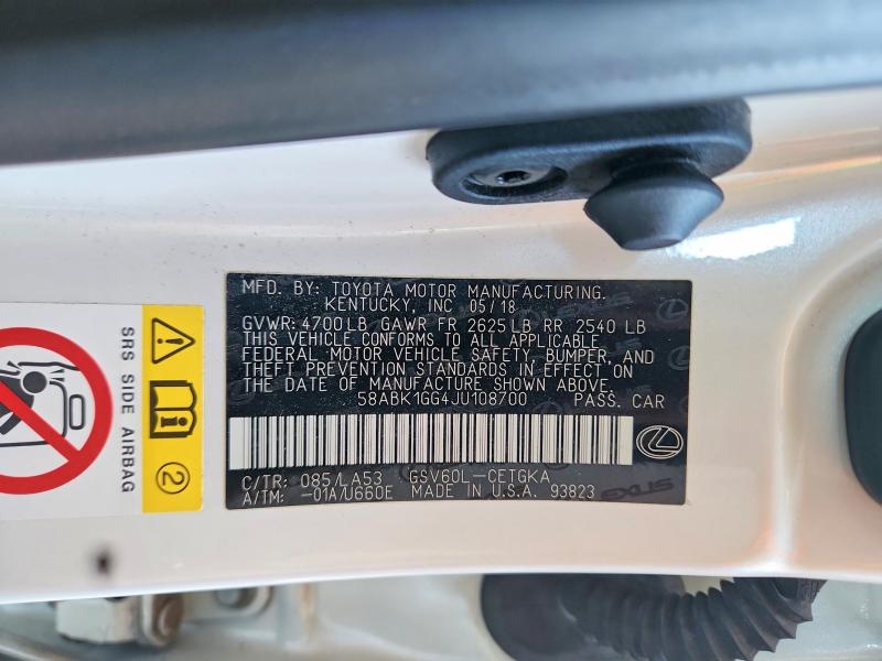 2018 Lexus Es მანქანა იყიდება აუქციონზე, vin: 58ABK1GG4JU108700, აუქციონის ნომერი: 68069556