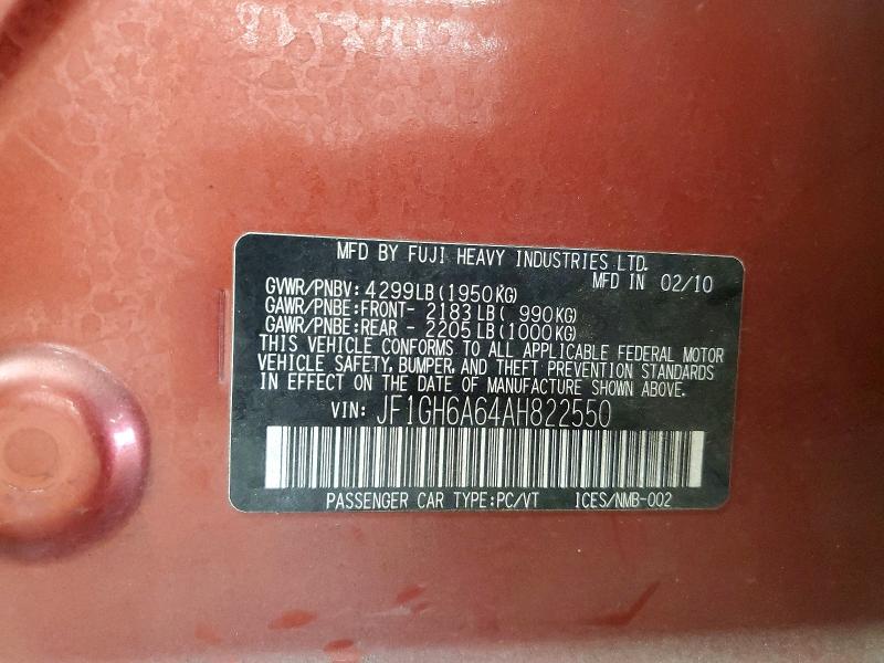 2010 Subaru Impreza მანქანა იყიდება აუქციონზე, vin: JF1GH6A64AH822550, აუქციონის ნომერი: 67873026