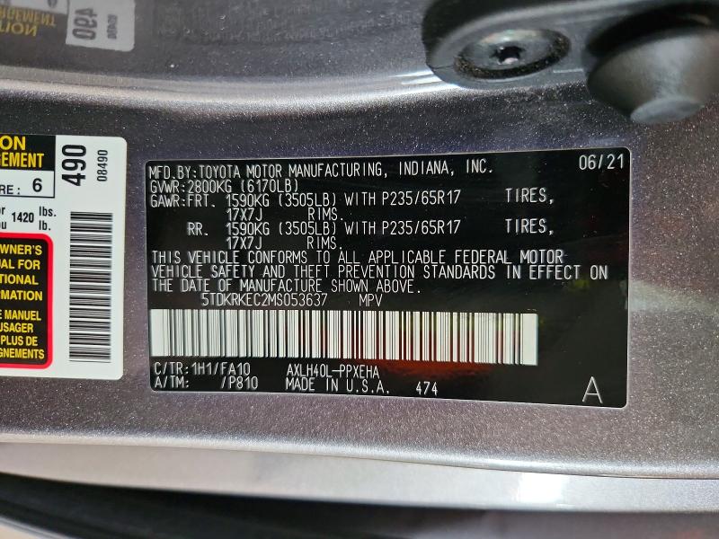 2021 Toyota Sienna მანქანა იყიდება აუქციონზე, vin: 5TDKRKEC2MS053637, აუქციონის ნომერი: 67736716