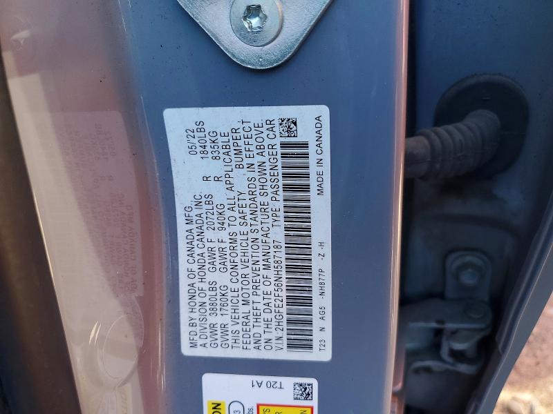 Aukcja sprzedaży 2022 Honda Civic, vin: 2HGFE2F56NH587187, numer aukcji: 66730936