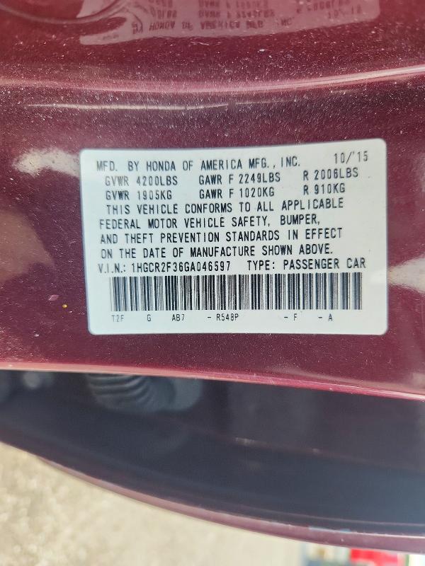Auction sale of the 2016 Honda Accord, vin: 1HGCR2F36GA046597        , lot number: 69077776