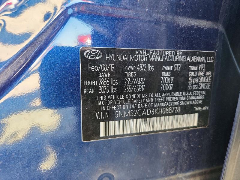2019 Hyundai Santa Fe მანქანა იყიდება აუქციონზე, vin: 5NMS2CAD3KH088728, აუქციონის ნომერი: 70898806