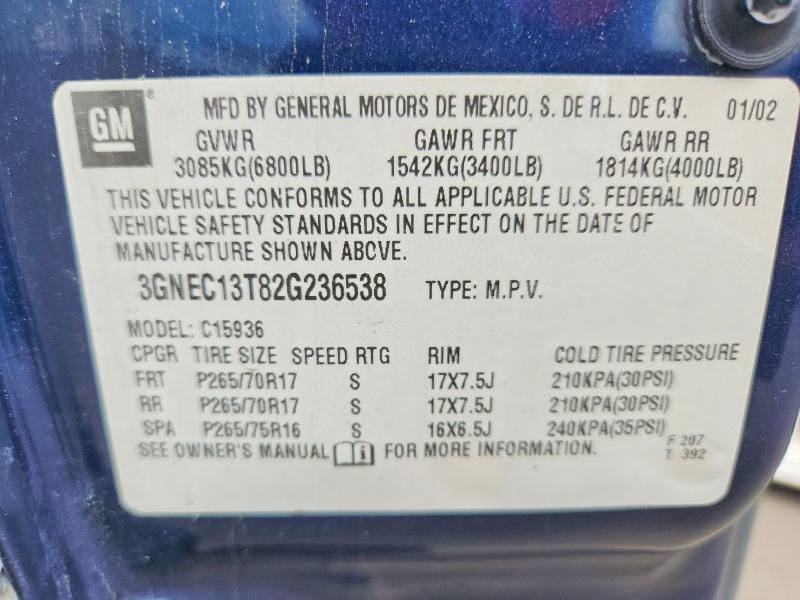 2002 Chevrolet Avalanche მანქანა იყიდება აუქციონზე, vin: 3GNEC13T82G236538, აუქციონის ნომერი: 67924026