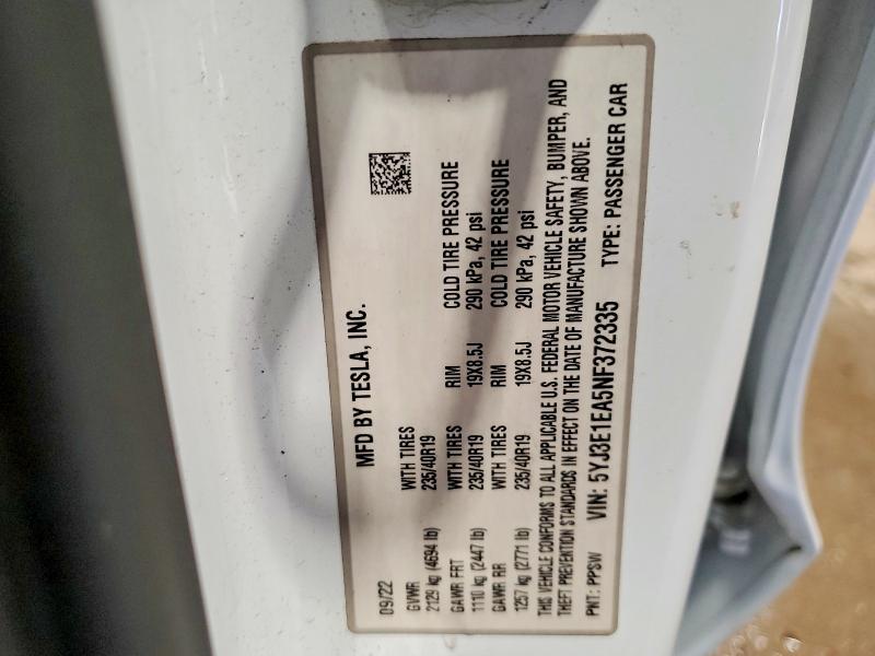 2022 Tesla Model 3 მანქანა იყიდება აუქციონზე, vin: 5YJ3E1EA5NF372335, აუქციონის ნომერი: 70709936