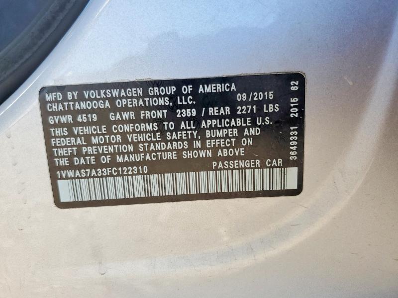 Aukcja sprzedaży 2015 Volkswagen Passat, vin: 1VWAS7A33FC122310, numer aukcji: 69035466