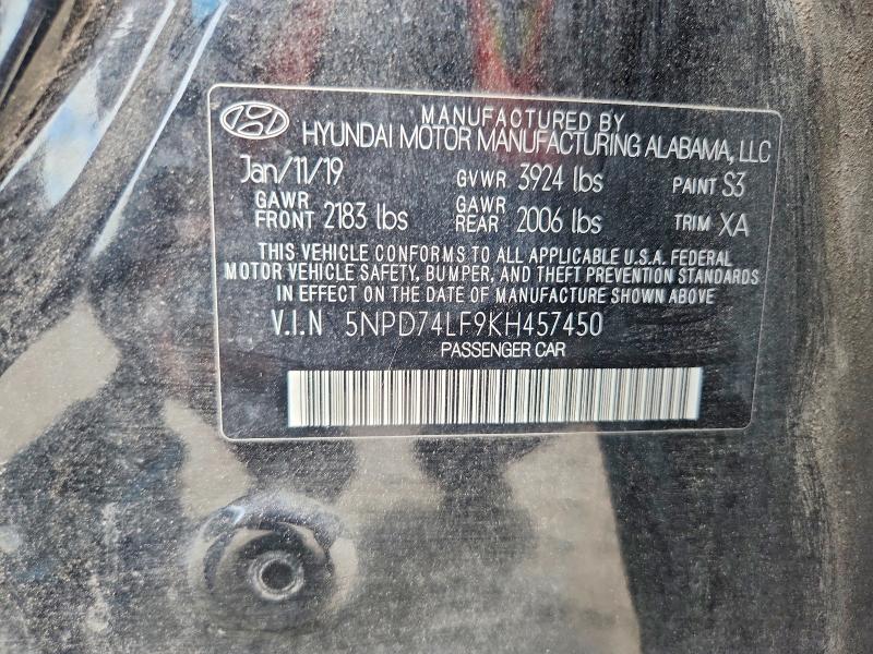 Auction sale of the 2019 Hyundai Elantra, vin: 5NPD74LF9KH457450, lot number: 67824586